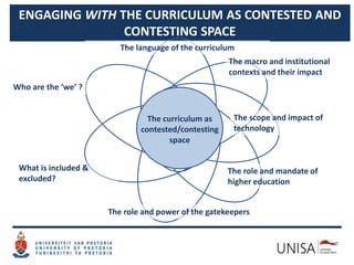 ENGAGING WITH THE CURRICULUM AS CONTESTED AND
CONTESTING SPACE
Who are the ‘we’ ?
What is included &
excluded?
The role and power of the gatekeepers
The role and mandate of
higher education
The scope and impact of
technology
The macro and institutional
contexts and their impact
The language of the curriculum
The curriculum as
contested/contesting
space
 