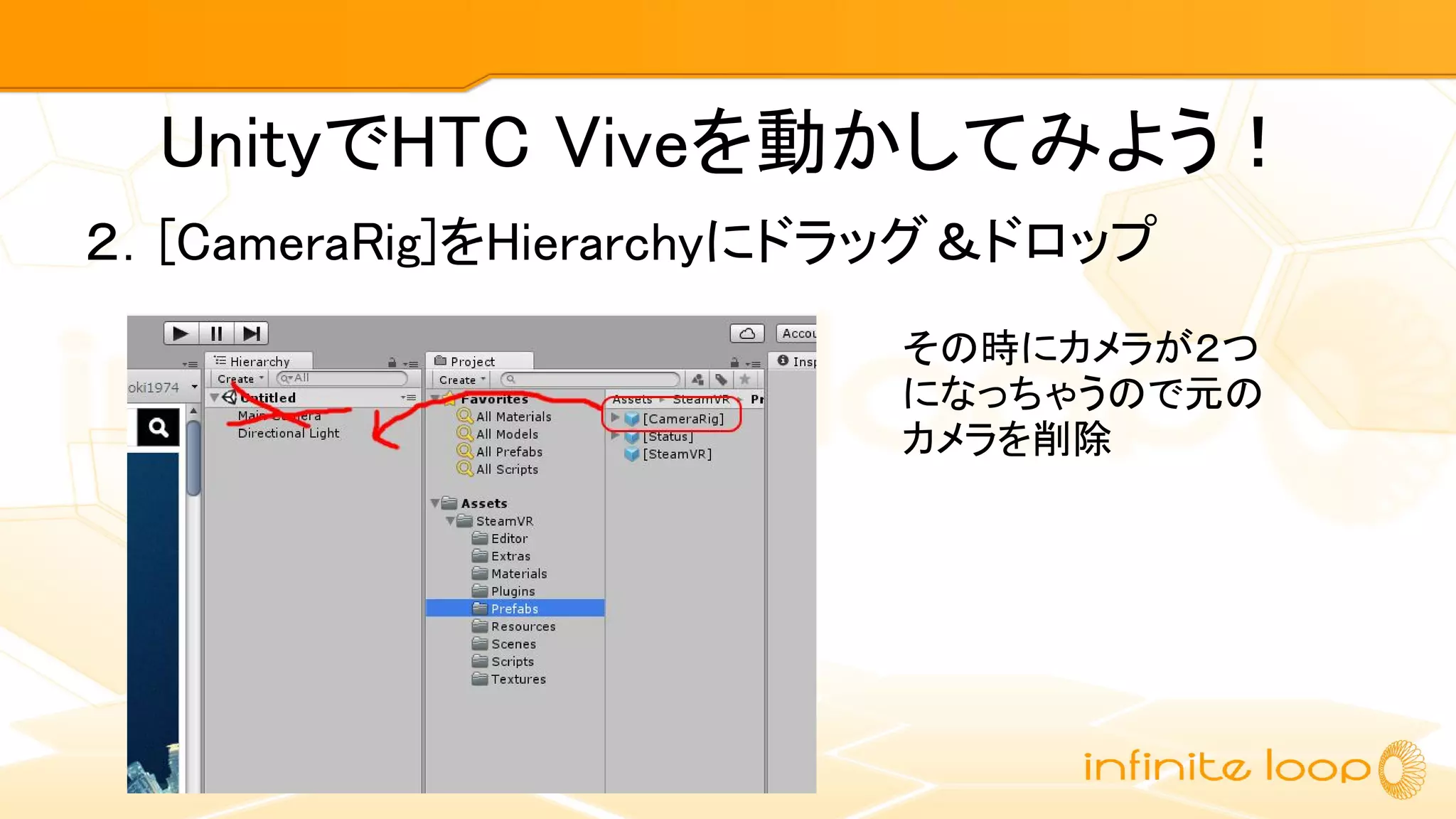 UnityでHTC Viveを動かしてみよう！
２．[CameraRig]をHierarchyにドラッグ＆ドロップ
その時にカメラが２つ
になっちゃうので元の
カメラを削除
 