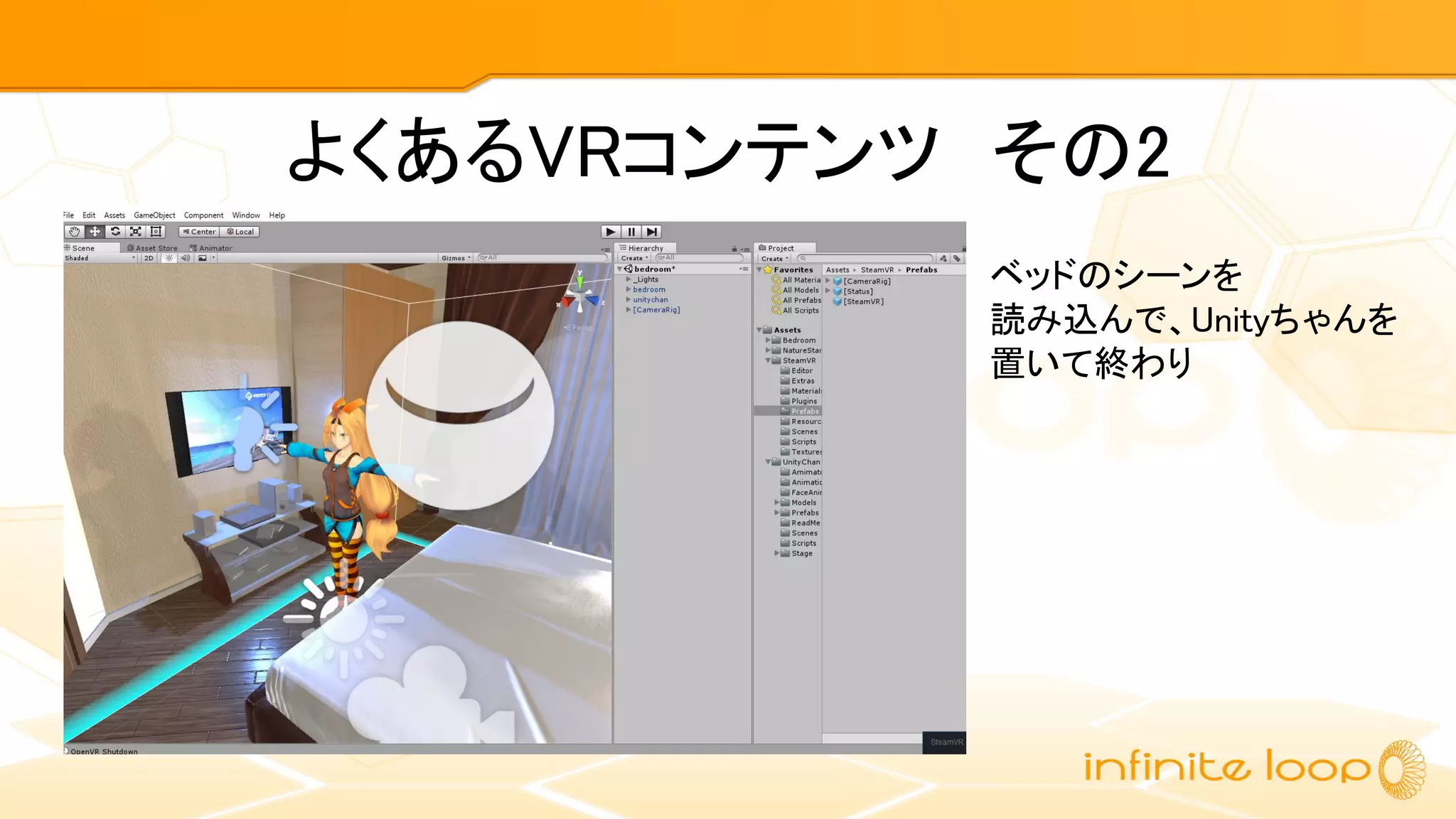 よくあるVRコンテンツ　その2
ベッドのシーンを
読み込んで、Unityちゃんを
置いて終わり
 