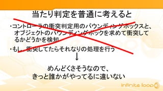 当たり判定を普通に考えると
・コントローラの衝突判定用のバウンディングボックスと、
オブジェクトのバウンディングボックを求めて衝突して
るかどうかを検知
・もし、衝突してたらそれなりの処理を行う
↓
めんどくさそうなので、
きっと誰かがやってるに違いない
 