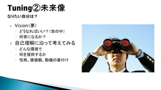 なりたい自分は？


Vision（夢）
◦ どうなればいい？（世の中）
◦ 何者になるか？



自己理解に沿って考えてみる
◦ どんな環境で
◦ 何を提供するか
◦ 性格、価値観、動機の裏付け

 