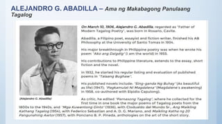 ALEJANDRO G. ABADILLA – Ama ng Makabagong Panulaang
Tagalog
 