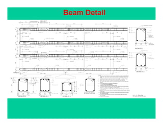 230 600
Z ONE OF TO P BAR
O VERLAP PING
M IDDLE 1/3 OF SPAN
Z ONE OF BO TTO M B AR
O VERLAP PING
Beam Detail
0.3 L 0 .3 L 0.3 L
6 00 6 00
600
300
325
700
2475
M 0 6 (2L )-100 M 0 6 (2L )-150 M 0 6 (2L )-100
1 T 122 T 12
2 T 12
1 T 12
2 T 12
1 T 12
0 .3 L
2 T 12
1 T 12
M 06 (2 L )-100 M 06 (2 L )-150 M 0 6 (2L )-100
L APP ING OF TO P BARS2 T 16 2 T 16 2 T 16
6 006 001 T 12
2 T 12
100
2 T 1 2(RE GULA R TO P BAR)
1 T 12
(ADDITIONAL
T OP BAR)
M 0 6 (2 L)-100
230 X 230 230 X 230 230 X 230
3252475
6 00600
M 0 6 (2L )-100 M 0 6 (2L )-150 M 0 6 (2L )-100
1 T 10
2 T 16
1 T 12 2 T 10 1 T 10
M 06 (2 L )-100 M 06 (2 L )-150 M 06 (2 L )-100
6 00 600
L APP ING OF BO TTO M BARS
230 X 230
L AP LENGTH
0.3 L
0 .3 L
0.3 L
0 .3 L
600 6 00
2 T 16
2 T 12
25 1 80 25
2 30
2 T 12
(RE GULA R
B OT TO M BAR)
00
2 T 12 + 1 T 12
2 T 12
1 T 12
0 6 (2 ) 100 0 6 (2 ) 1 0 0 6 (2 ) 100
230 X 230 230 X 230
DETAIL AT 1
2 T 12
2 T 16
2 T 16
2 T 12
6 00
2 T 16
1 T 12
2 T 16
1 T 10
700
3252875230
1 T 10
2 T 16
10
25 1 80 25
2 30
2 T 12 + 1 T 12
M 0 6 (2 L)-100600 L AP LENGTH
230 X 230
2 T 12 2 T 12
6 00 6 00
M 0 6 (2L )-100 M 0 6 (2L )-150 M 0 6 (2L )-100
M 0 6 (2L )-150
230 X 230 230 X 230
2 T 12
2 T 16
2 T 12
600 6 00600 6 00
2 T 12
M 06 (2 L )-150
220
100
2 T 16
M 0 6 (2 L)-100
2 T 12 (LA PPED)
25275
100
M 0 6 (2L)-1 00
25275
2 T 16 + 2 T 10
2580
30
T W O LEGS
75
N ote:
1. Lapping of the bottom bar should be restricted to a region at least 500 mm
aw ay from the colum n face but excluding the middle quater length of the
beam.
2. Lapping of the to bar should be done only in middle 1
3 length of beam.
3. N ot m ore than 50 % of the bars should be spliced at one section.
4. M ain bars shall not be curtailed in the beams framing infill walls.
5. If a longer and sm aller spans exit adjacent, top bars of longer spab shall
govern.
6. C oncrete grade M 15 stands for concrete mix
1:2:4(C em ent:Sand:Aggregate).
7. Lapping of bars shall not be less than 56 Ø .
8. C urtail additional top bars 0.25L aw ay from support and additional bottom
2 T 122 T 12
4500 > > 40004 500 > > 4000
DETAIL AT 2
2 T 12 2 T 12
2 T 12
25 180 25
2 30
2 T 16 + 1 T 10
25
25 1 80 25
2 30
2 T 16 + 2 T 10
25
1825
23
25 1 80 25
2 30
bars 0.15L aw ay from support in free span beams.
9. T he bars extending through adjacent spans to any span which is less than
2.0 m shall not be curtailed and stirrups be provided same as the ends of
adjacent beam.
10. B eam s spanning along structural infill w alll shall be casted only after erection
of the w all.
11. T he exposed surfaces of concrete shall be kept continuously wet or damp
for atleast one weak.
12. In norm al circum stances form w ork can be removed after three weaks
of concreting.
13. C olum n bar not shown.DETAIL AT 3 DETAIL AT 4 DETAIL AT 5
STIRRUP DETAIL
F igure 7.3a : B eam Detail
(T w o W alls each W ay/ 100 sq.m.)
M 0 6 (2 L)-100
2 T 12
 