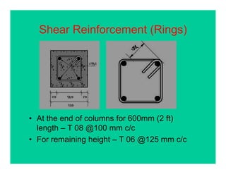 Shear Reinforcement (Rings)Shear Reinforcement (Rings)
• At the end of columns for 600mm (2 ft)At the end of columns for 600mm (2 ft)
length – T 08 @100 mm c/c
• For remaining height – T 06 @125 mm c/cFor remaining height T 06 @125 mm c/c
 