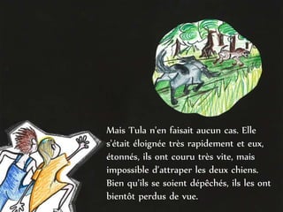 Mais Tula n'en faisait aucun cas. Elle
s'était éloignée très rapidement et eux,
étonnés, ils ont couru très vite, mais
impossible d’attraper les deux chiens.
Bien qu’ils se soient dépêchés, ils les ont
bientôt perdus de vue.
 