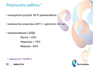Результаты работы *

• пользуются услугой 29 % домохозяйств


• количество клиентов в 2011 г. достигнет 30 тыс.


• проникновение к ШПД:
             Якутск – 53%
             Нерюнгри – 74%
             Мирный – 84%



* - данные на 1.12.2011 г.

13    www.rt.ru
 