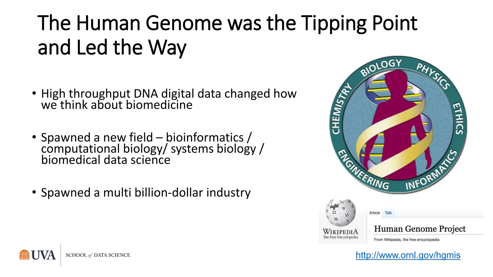 The Human Genome was the Tipping Point
and Led the Way
http://www.ornl.gov/hgmis
• High throughput DNA digital data changed how
we think about biomedicine
• Spawned a new field – bioinformatics /
computational biology/ systems biology /
biomedical data science
• Spawned a multi billion-dollar industry
 