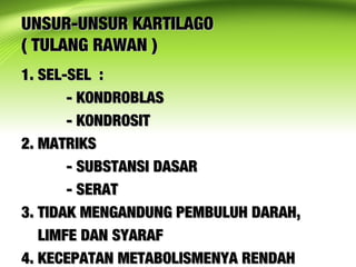 UNSUR-UNSUR KARTILAGOUNSUR-UNSUR KARTILAGO
( TULANG RAWAN )( TULANG RAWAN )
1. SEL-SEL :1. SEL-SEL :
- KONDROBLAS- KONDROBLAS
- KONDROSIT- KONDROSIT
2. MATRIKS2. MATRIKS
- SUBSTANSI DASAR- SUBSTANSI DASAR
- SERAT- SERAT
3. TIDAK MENGANDUNG PEMBULUH DARAH,3. TIDAK MENGANDUNG PEMBULUH DARAH,
LIMFE DAN SYARAFLIMFE DAN SYARAF
4. KECEPATAN METABOLISMENYA RENDAH4. KECEPATAN METABOLISMENYA RENDAH
 