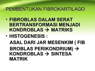 PEMBENTUKAN FIBROKARTILAGOPEMBENTUKAN FIBROKARTILAGO
• FIBROBLAS DALAM SERATFIBROBLAS DALAM SERAT
BERTRANSFORMASI MENJADIBERTRANSFORMASI MENJADI
KONDROBLASKONDROBLAS  MATRIKSMATRIKS
• HISTOGENESIS :HISTOGENESIS :
ASAL DARI JAR MESENKIM ( FIBASAL DARI JAR MESENKIM ( FIB
BROBLAS PERIKONDRIUM)BROBLAS PERIKONDRIUM) 
KONDROBLASKONDROBLAS  SINTESASINTESA
MATRIKMATRIK
 