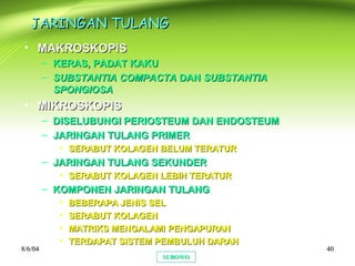 8/6/048/6/04 4040
JARINGAN TULANGJARINGAN TULANG
• MAKROSKOPISMAKROSKOPIS
– KERAS, PADAT KAKUKERAS, PADAT KAKU
– SUBSTANTIA COMPACTASUBSTANTIA COMPACTA DANDAN SUBSTANTIASUBSTANTIA
SPONGIOSASPONGIOSA
• MIKROSKOPISMIKROSKOPIS
– DISELUBUNGI PERIOSTEUM DAN ENDOSTEUMDISELUBUNGI PERIOSTEUM DAN ENDOSTEUM
– JARINGAN TULANG PRIMERJARINGAN TULANG PRIMER
• SERABUT KOLAGEN BELUM TERATURSERABUT KOLAGEN BELUM TERATUR
– JARINGAN TULANG SEKUNDERJARINGAN TULANG SEKUNDER
• SERABUT KOLAGEN LEBIH TERATURSERABUT KOLAGEN LEBIH TERATUR
– KOMPONEN JARINGAN TULANGKOMPONEN JARINGAN TULANG
• BEBERAPA JENIS SELBEBERAPA JENIS SEL
• SERABUT KOLAGENSERABUT KOLAGEN
• MATRIKS MENGALAMI PENGAPURANMATRIKS MENGALAMI PENGAPURAN
• TERDAPAT SISTEM PEMBULUH DARAHTERDAPAT SISTEM PEMBULUH DARAH
SUBOWOSUBOWO
 