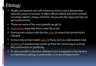 Etiology
 People can become sick with tularemia, but it’s not a disease that
naturally occurs in humans. It often affects rabbits and other animals
including rodents, sheep, and birds. House pets like dogs and cats can
get tularemia too.
 These are some of the ways people can get it:
 Insect bites, especially from a deer fly or tick
 Coming into contact with the skin, hair, or meat of an animal that’s
infected
 Consuming contaminated water or food, such as undercooked meat
 Breathing in bacteria that comes up from the soil during an activity
like construction or gardening
 It’s also possible to become infected if you’re exposed to the bacteria
in a laboratory setting, or potentially, in an act of bioterrorism.
 