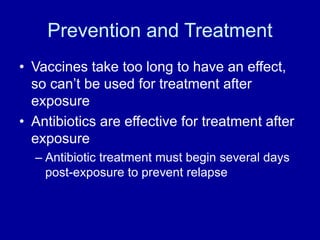 Prevention and Treatment
• Vaccines take too long to have an effect,
so can’t be used for treatment after
exposure
• Antib...