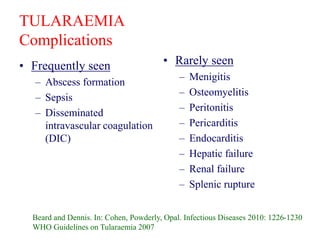 TULARAEMIA
Complications
• Frequently seen
– Abscess formation
– Sepsis
– Disseminated
intravascular coagulation
(DIC)
• Rarely seen
– Menigitis
– Osteomyelitis
– Peritonitis
– Pericarditis
– Endocarditis
– Hepatic failure
– Renal failure
– Splenic rupture
Beard and Dennis. In: Cohen, Powderly, Opal. Infectious Diseases 2010: 1226-1230
WHO Guidelines on Tularaemia 2007
 