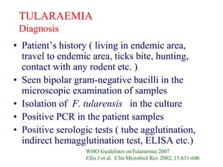 TULARAEMIA
Diagnosis
• Patient’s history ( living in endemic area,
travel to endemic area, ticks bite, hunting,
contact with any rodent etc. )
• Seen bipolar gram-negative bacilli in the
microscopic examination of samples
• Isolation of F. tularensis in the culture
• Positive PCR in the patient samples
• Positive serologic tests ( tube agglutination,
indirect hemagglutination test, ELISA etc.)
WHO Guidelines onTularaemia 2007
Ellis J et al. Clin Microbiol Rev 2002; 15:631-646
 