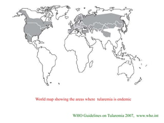 World map showing the areas where tularemia is endemic
WHO Guidelines on Tularemia 2007, www.who.int
 