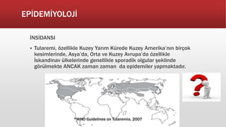 EPİDEMİYOLOJİ
İNSİDANSI
 Tularemi, özellikle Kuzey Yarım Kürede Kuzey Amerika’nın birçok
kesimlerinde, Asya’da, Orta ve Kuzey Avrupa’da özellikle
İskandinav ülkelerinde genellikle sporadik olgular şeklinde
görülmekte ANCAK zaman zaman da epidemiler yapmaktadır.
*WHO Guidelines on Tularemia, 2007
 