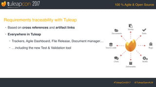 #TuleapCon2017 @TuleapOpenALM
100 % Agile & Open Source
Requirements traceability with Tuleap
• Based on cross references and artifact links
• Everywhere in Tuleap
• Trackers, Agile Dashboard, File Release, Document manager…
• …including the new Test & Validation tool
 