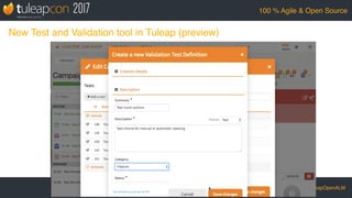 #TuleapCon2017 @TuleapOpenALM
100 % Agile & Open Source
–Johnny Appleseed
“Type a quote here.”
New Test and Validation tool in Tuleap (preview)
 