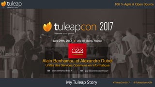 My Tuleap Story #TuleapCon2017 @TuleapOpenALM
100 % Agile & Open Source
Alain Benhamou et Alexandre Dubel
Unités des Services Communs en Informatique
CEA
alain.benhamou@cea.fr guy-alexandre.dubel@cea.fr
 