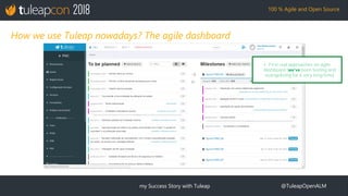 my Success Story with Tuleap @TuleapOpenALM
100 % Agile and Open Source
How we use Tuleap nowadays? The agile dashboard
• ...
