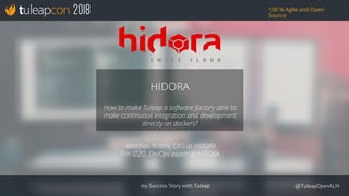 my Success Story with Tuleap @TuleapOpenALM
100 % Agile and Open
Source
 Matthieu ROBIN, CEO at HIDORA
Tim IZZO, DevOps expert at HIDORA
HIDORA
How to make Tuleap a software factory able to
make continuous integration and development
directly on dockers?
 