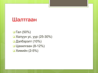 Шалтгаан
 Гал (50%)
 Халуун ус, уур (25-30%)
 Дэлбэрэлт (10%)
 Цахилгаан (8-12%)
 Химийн (2-5%)
 