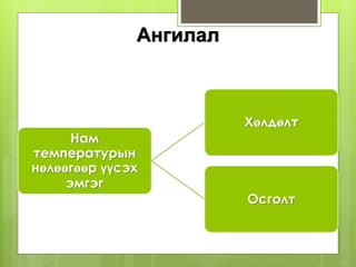 Ангилал
Нам
температурын
нөлөөгөөр үүсэх
эмгэг
Хөлдөлт
Осголт
 