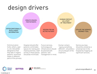 design drivers
                                                                                        HUMAN CONTACT
                                      CREATE SPACES
                                                                                           AS A PART
                                       FOR PATIENTS
                                                                                         OF TREATMENT


         OFFER EMOTIONALLY
                                                                 DESIGN FOR AN                                   UTILIZE THE SERVICE
             INTELLIGENT
                                                                 ACTIVE PATIENT                                     JOURNEY TOOL
            INFORMATION




           Communication            Hospital should offer      Future services,        Human contact,            Service journeys
           (calls, letters, sign-   patients comfortable       technology and          “saying something         should be utilized as a
           in, etc.) should be      spaces for resting and     infrastructure should   different”, should be a   universal tool in the
           designed so that         meeting families. Staff    be planned with         structured part of the    hospital by mapping all
           they take in regard      activity in these places   patients’ self-         treatment.                significant services.
           patients’ emotional      should be minimized.       management in mind.
           states in different
           parts of the process.




                                                                                                                 juha.kronqvist@aalto.fi   11
9. tammikuuta 12
 