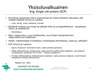 Yksisoluvalkuainen
Eng. Single cell protein (SCP)
• Kuivattuja yksisoluisia mikro-organismeja tai niistä eristettyä valkuaista, jota
voidaan käyttää rehuna ja ruokana
– Levä, sienet, hiivat, bakteerit, homeet
• Käyttävät halpoja sivuvirtoja tai jätteitä hiilen ja energianlähteenä - tyypillisesti
mono- ja disakkaridit
– Kiertotalous
• Edut: nopea kasvu, suuri hyötysuhde, sivuvirtojen hyödyntäminen,
riippumattomuus sääoloista
• Haitat: nukleiinihapot (muodostuu virtsahappoa elimistössä), sulavuus, allergiat?
• SCP rehuna ja ruokana:
– Quorn (Fusarium venenatum-sieni, raaka-aineena glukoosi)
– Pekilo (Paecilomyces variotii-sieni, raaka-aineena sulfiitti-sellun jäteliemi; suomalainen
rehukeksintö, tuotantoa 1975-1991 – tulossa uudelleen?)
– Pruteen (Methylophilus methylotrophus-bakteeri, raaka-aineena metanoli; ensimmäinen
kaupallinen yksisoluvalkuaisrehu)
Marjukka Lamminen
marjukka.lamminen@helsinki.fi
28
Nasseri ym. 2011
 