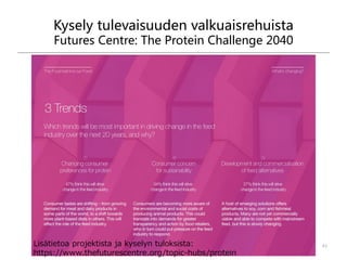 Kysely tulevaisuuden valkuaisrehuista
Futures Centre: The Protein Challenge 2040
41Lisätietoa projektista ja kyselyn tuloksista:
https://www.thefuturescentre.org/topic-hubs/protein
 