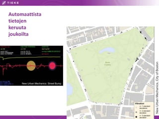 Automaattista
tietojen
keruuta
joukoilta
New Urban Mechanics: Street Bump
NewUrbanMechanics,CityofBoston
 