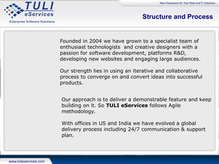 Client SRS
Requirement
analysis/Feasibility analysis
Features breakup
Detail estimation
Define team
Project plan (monthly iterations/QA
plan/risk analysis)
Execution (Agile methodology/task
progress/change request)
Monitoring &
Control
Continuousclientinteractionviaemail,calls,IM
Continuousclientinteractionviaemail,calls,IM
Freeze
Requirements
Our Process
 