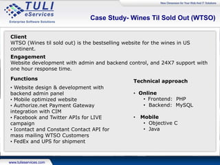Service Offerings
Quality Analysis & Testing
• Web and Desktop applications
• Mobile applications
• Black Box
Application Maintenance & support
Digital marketing and SEM
Technology Consulting
Development
• Programming: Online, Desktop, Mobile
• Designing
• Back-end / Web services & APIs
• Server applications
Deployment and technical operations
 