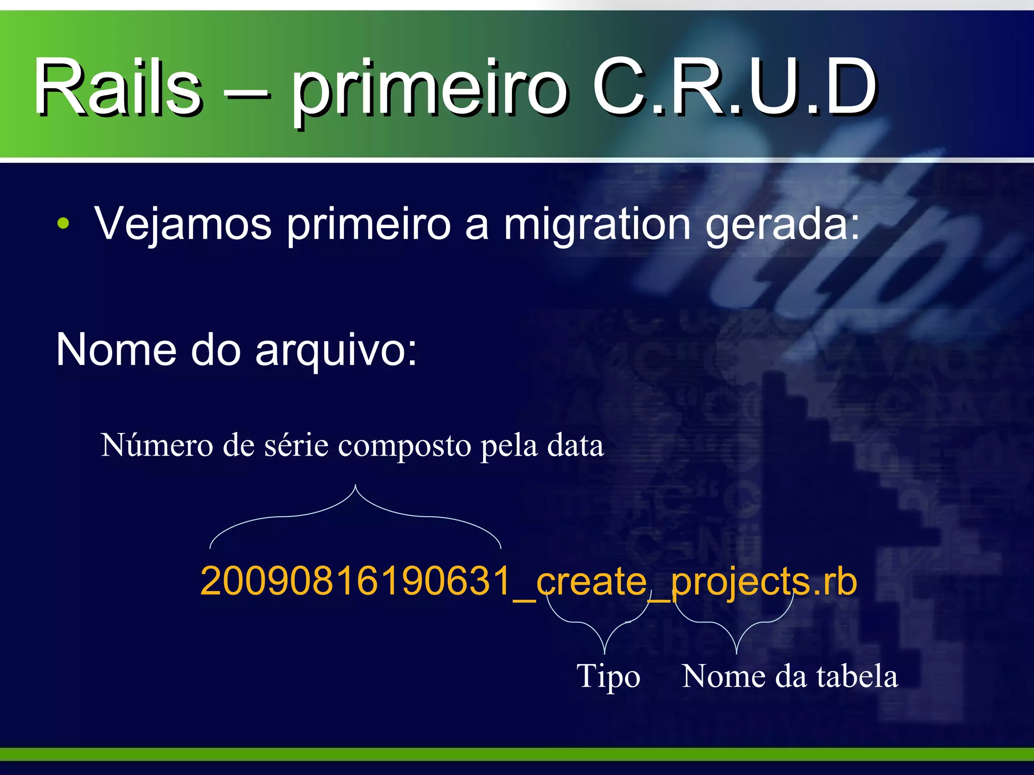 Rails – primeiro C.R.U.D
• Vejamos primeiro a migration gerada:

Nome do arquivo:
  Número de série composto pela data



        20090816190631_create_projects.rb

                                  Tipo   Nome da tabela
 