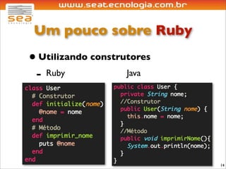Um pouco sobre Ruby
• Utilizando construtores
 - Ruby             Java




                            14
 