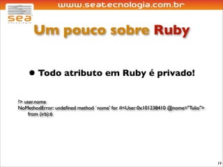 Um pouco sobre Ruby


    • Todo atributo em Ruby é privado!
?> user.nome
NoMethodError: undeﬁned method `nome' for #<User:0x101238410 @nome="Tulio">
	

  from (irb):6




                                                                              19
 