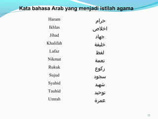 Haram ‫حرام‬
Ikhlas ‫اخل ص‬
Jihad ‫جهاد‬
Khalifah ‫خليفة‬
Lafaz ‫لفظ‬
Nikmat ‫نعمة‬
Rukuk ‫ركوع‬
Sujud ‫سجود‬
Syahid ‫شهيد‬
Tauhid ‫توحيد‬
Umrah ‫عمرة‬
Kata bahasa Arab yang menjadi istilah agama
22
 
