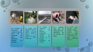 Se prohíbe la
utilización de
cualquier tipo de
agua, con el
de
los
no
propósito
diluir
efluentes
líquidos
tratados
Se prohíbe toda
descarga de residuos
a las víaslíquidos
públicas,
riego y
sistemas
canales de
drenaje o
de
recolección de aguas
lluvias y aguas
subterráneas.
Se prohíbe la
al
de
infiltración
suelo,
efluentes
industriales
tratados y no
tratados, sin
la
de
permiso de
Entidad
Ambiental
Control.
Se prohíbe
todo tipo de
descarga en las
cabeceras de
las fuentes de
agua.
Se prohíbe verter
desechos sólidos,
tales como: basuras,
animales
mobiliario,
otros, y
muertos,
entre
líquidos
contaminados hacia
cualquier cuerpo de
agua y cauce de
aguas estacionales
secas ono.
 