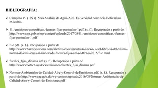 BIBLIOGRAFÍA:
 Campillo V., (1993). Nora Análisis de Agua-Aire. Universidad Pontificia Bolivariana.
Medellín.
 11.-emisiones-atmosfricas.-fuentes-fijas-puntuales-1.pdf. (s. f.). Recuperado a partir de
http://www.cne.gob.sv/wp-content/uploads/2017/08/11.-emisiones-atmosfricas.-fuentes-
fijas-puntuales-1.pdf
 file.pdf. (s. f.). Recuperado a partir de
http://www.chavezsolutions.com/archivos/documentos/6-anexo-3-del-libro-vi-del-tulsma-
norma-de-emisiones-al-aire-desde-fuentes-fijas-am-no-097-a-2015/file.html
 fuentes_fijas_dinama.pdf. (s. f.). Recuperado a partir de
http://www.ecotech.uy/docs/emisiones/fuentes_fijas_dinama.pdf
 Normas-Ambientales-de-Calidad-Aire-y-Control-de-Emisiones.pdf. (s. f.). Recuperado a
partir de http://www.cne.gob.do/wp-content/uploads/2016/08/Normas-Ambientales-de-
Calidad-Aire-y-Control-de-Emisiones.pdf
 