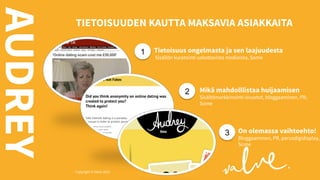 AUDREY

TIETOISUUDEN KAUTTA MAKSAVIA ASIAKKAITA

Copyright © Valve 2013 Copyright © Valve 2013

1

Tietoisuus ongelmasta ja sen laajuudesta
Sisällön kuratointi uskottavista medioista, Some

2

Mikä mahdolllistaa huijaamisen

Sisältömarkkinointi-sivustot, bloggaaminen, PR,
Some

3

On olemassa vaihtoehto!

Bloggaaminen, PR, perusdigidisplay,
Some

 