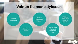 Sisältöjä
kotisohvalta
Globaali vai
lokaali?
Kaikkien
käyrien pitää
kasvaa
Data on hyvä
sivutuote,
hyödynnä
sitä
Tutkimus
vaatii aikaa
mutta on
hyödyllinen
Vainun tie menestykseen
 