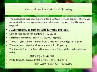Cost and profit analysis of tulsi farming
• The analysis is made for 1 acre of land for tulsi farming project. The values
presented here are approximation values and may vary slightly from
original.
• Assumptions of cost in tulsi farming project:-
• Cost of tulsi seeds for planting = Rs.250/ kg
• Materials and labour cost = Rs. 21,400 (approx)
• The total yield of fresh leaves from the farm = 3000 kg after 1 year
• The sale/ market price of fresh leaves = Rs. 15 per kg.
• The income from the farm after one year = ( total yield × sale price per
unit).
• (3000×15) = Rs. 45,000
• Profit from the farm = (total income – total charges ).
• (Rs 45,000-Rs 21,400) = Rs. 23,600
 