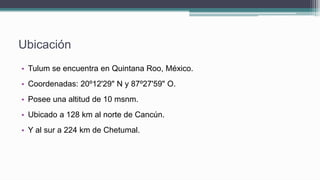 Ubicación
• Tulum se encuentra en Quintana Roo, México.
• Coordenadas: 20º12'29" N y 87º27'59" O.
• Posee una altitud de 10 msnm.
• Ubicado a 128 km al norte de Cancún.
• Y al sur a 224 km de Chetumal.
 