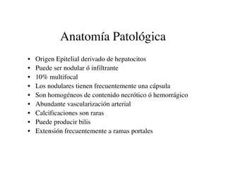 Anatomía Patológica
•   Origen Epitelial derivado de hepatocitos
•   Puede ser nodular ó infiltrante
•   10% multifocal
• ...