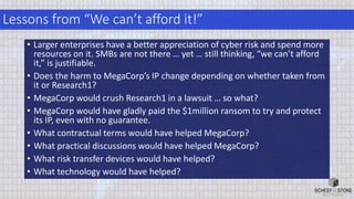 Lessons from “We can’t afford it!”
• Larger enterprises have a better appreciation of cyber risk and spend more
resources on it. SMBs are not there … yet … still thinking, “we can’t afford
it,” is justifiable.
• Does the harm to MegaCorp’s IP change depending on whether taken from
it or Research1?
• MegaCorp would crush Research1 in a lawsuit … so what?
• MegaCorp would have gladly paid the $1million ransom to try and protect
its IP, even with no guarantee.
• What contractual terms would have helped MegaCorp?
• What practical discussions would have helped MegaCorp?
• What risk transfer devices would have helped?
• What technology would have helped?
 