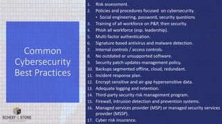 1. Risk assessment.
2. Policies and procedures focused on cybersecurity.
• Social engineering, password, security questions
3. Training of all workforce on P&P, then security.
4. Phish all workforce (esp. leadership).
5. Multi-factor authentication.
6. Signature based antivirus and malware detection.
7. Internal controls / access controls.
8. No outdated or unsupported software.
9. Security patch updates management policy.
10. Backups segmented offline, cloud, redundant.
11. Incident response plan.
12. Encrypt sensitive and air-gap hypersensitive data.
13. Adequate logging and retention.
14. Third-party security risk management program.
15. Firewall, intrusion detection and prevention systems.
16. Managed services provider (MSP) or managed security services
provider (MSSP).
17. Cyber risk insurance.
Common
Cybersecurity
Best Practices
 