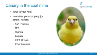 Spencer Fane LLP | spencerfane.com 19
Canary in the coal mine
• What is your role?
• How does your company (or
others) han...
