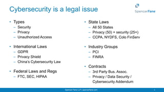 Spencer Fane LLP | spencerfane.com 4
Cybersecurity is a legal issue
• Types
– Security
– Privacy
– Unauthorized Access
• I...
