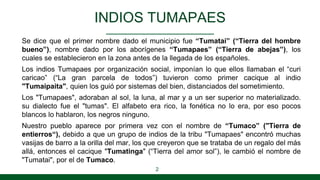 INDIOS TUMAPAES
Se dice que el primer nombre dado el municipio fue “Tumatai” (“Tierra del hombre
bueno”), nombre dado por los aborígenes “Tumapaes” (“Tierra de abejas”), los
cuales se establecieron en la zona antes de la llegada de los españoles.
Los indios Tumapaes por organización social, imponían lo que ellos llamaban el “curi
caricao” (“La gran parcela de todos”) tuvieron como primer cacique al indio
"Tumaipaita", quien los guió por sistemas del bien, distanciados del sometimiento.
Los "Tumapaes", adoraban al sol, la luna, al mar y a un ser superior no materializado.
su dialecto fue el "tumas". El alfabeto era rico, la fonética no lo era, por eso pocos
blancos lo hablaron, los negros ninguno.
Nuestro pueblo aparece por primera vez con el nombre de “Tumaco” ("Tierra de
entierros“), debido a que un grupo de indios de la tribu "Tumapaes" encontró muchas
vasijas de barro a la orilla del mar, los que creyeron que se trataba de un regalo del más
allá, entonces el cacique "Tumatinga" (“Tierra del amor sol”), le cambió el nombre de
"Tumatai", por el de Tumaco.
2
 