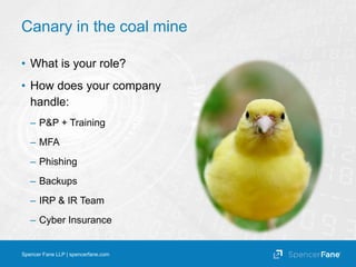Spencer Fane LLP | spencerfane.com
Canary in the coal mine
• What is your role?
• How does your company
handle:
– P&P + Tr...
